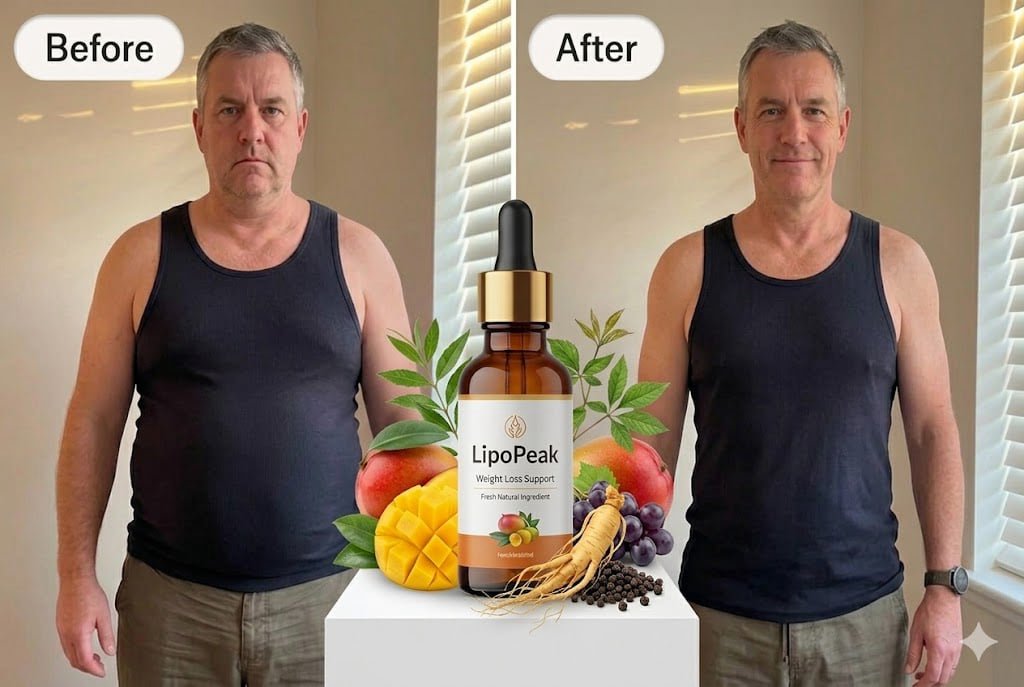 LipoPeak bottle displayed with before and after fat loss transformation