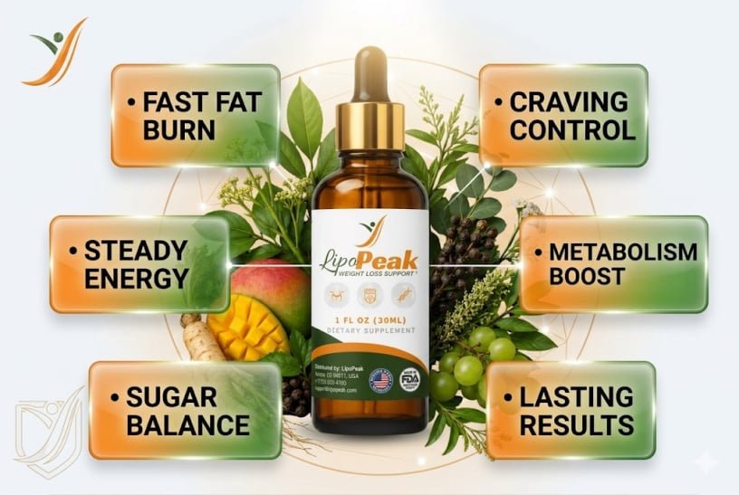 LipoPeak supplement bottle displaying six metabolism and fat loss benefits